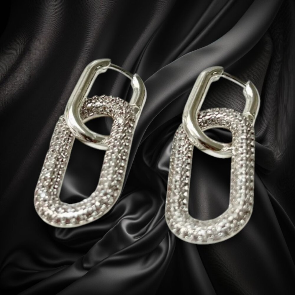 Silver Tone Pave Link Drop Earrings Geometric Chain Style